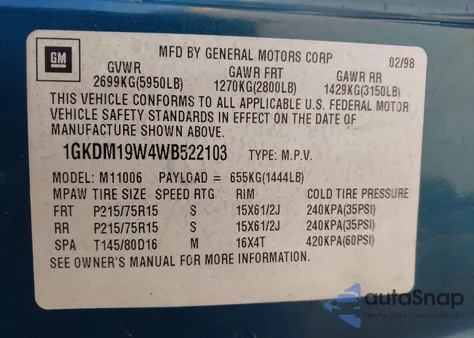 1998 GMC Safari Sle из США, поврежденный, VIN 1GKDM19W4WB522103